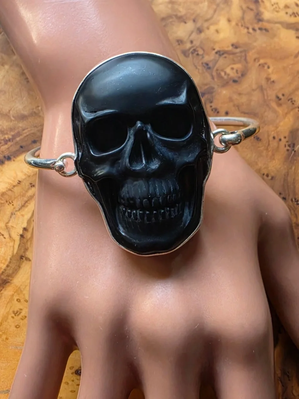 Obsidian & Fine Silver Skull Bangle